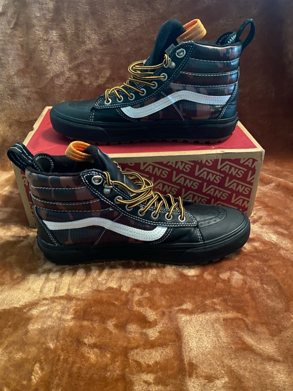Vans High-Top Camouflage Sneakers in Black, Orange, White - Picture 5 of 11